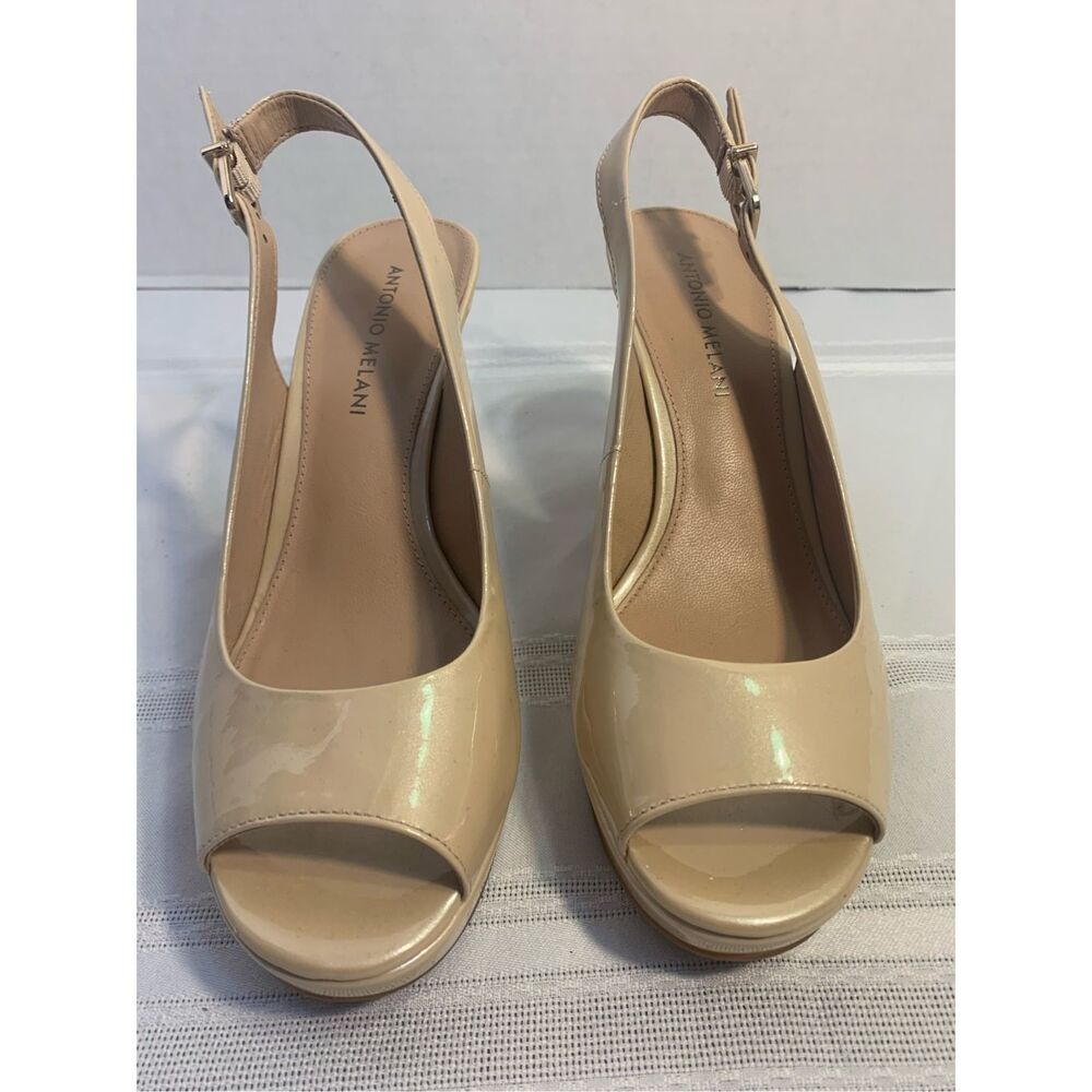 ANTONIO MELANI SLINGBACK PUMP OFFICE SIREN NUDE LEATHER PEEP TOE PLATFORM SZ 7.5 - Picture 3 of 12